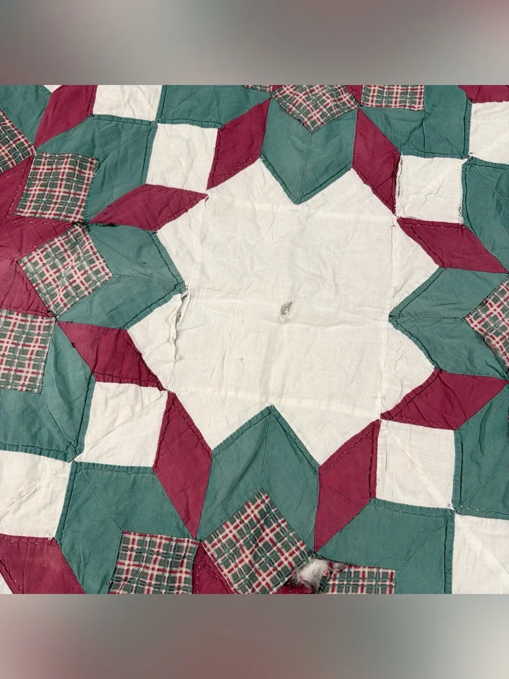 VTG Antique Very Old Quilt Blanket Patchwork 8 Pointed Stars 3D Hand Sewn 80x64”